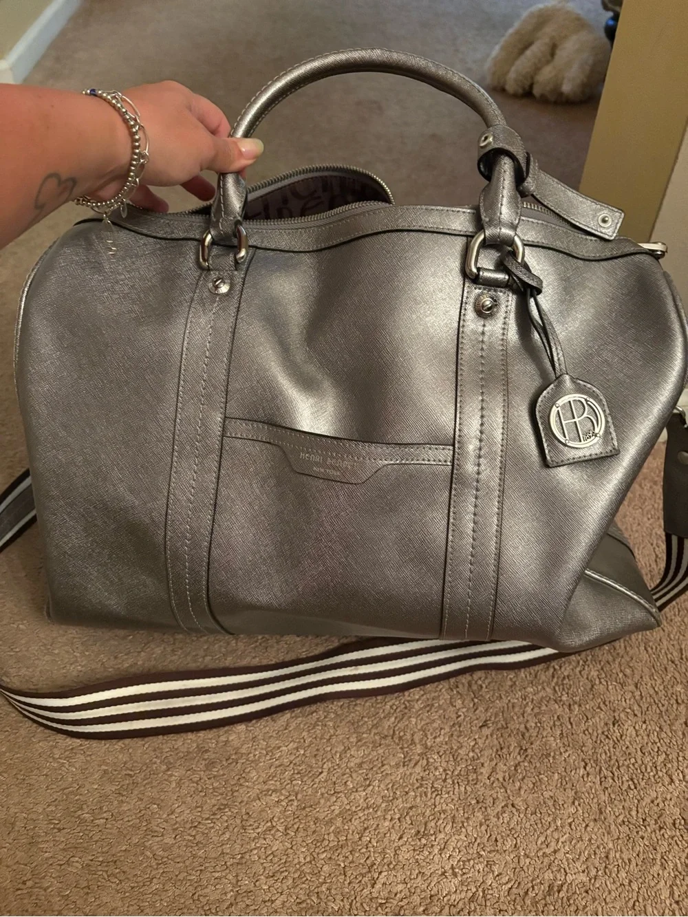 Henri bendel leather Metallic Silver Weekender Bag with Striped Shoulder Strap